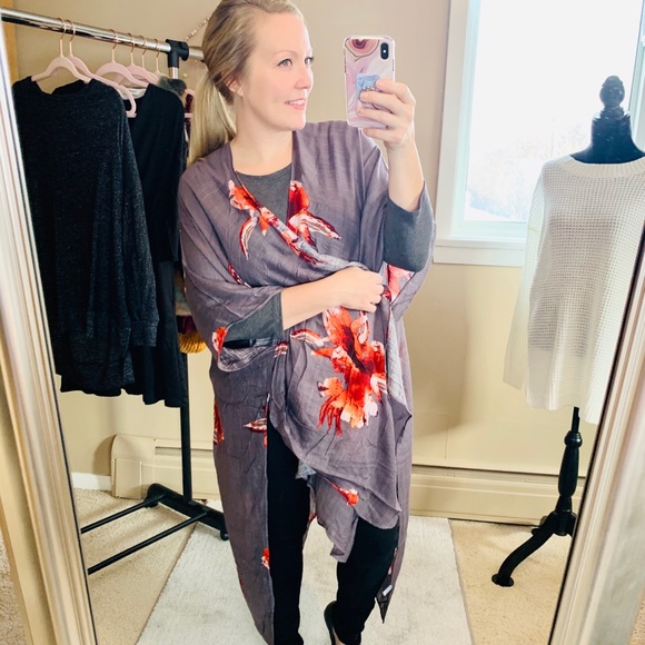 Kimono Floral Swimsuit Cover Up Beach Gray Scarf - Picture 5 of 7